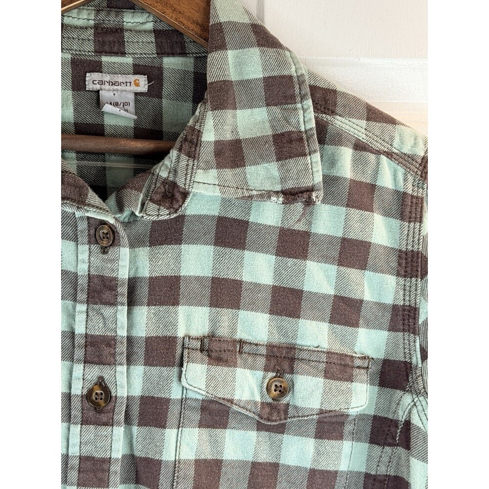 Carhartt Green and Grey Flannel Button Down Women's  8/10 Long Sleeve - Picture 5 of 7